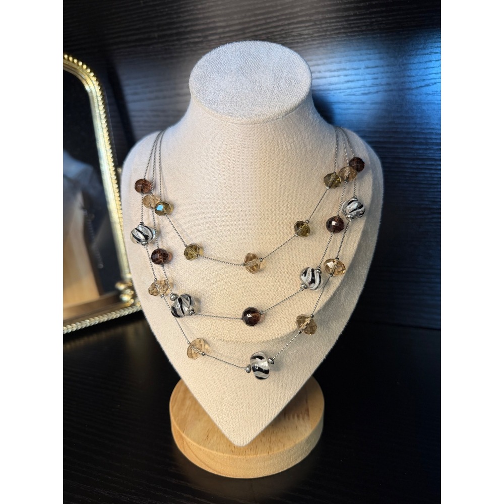 Vintage Y2K Triple Strand Layered Bead Necklace Silver Tone Brown White Swirl